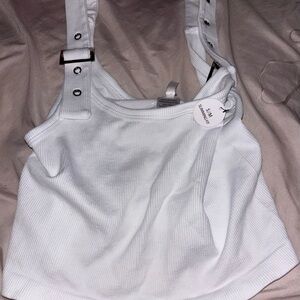 New Mix White Ribbed Tank Top with Button Straps